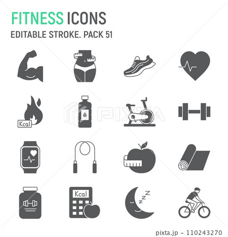 Fitness glyph icon set, sport collection, vector graphics, logo illustrations, healthy lifestyle vector icons, weight loss signs, solid pictograms, editable stroke 110243270