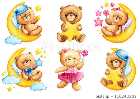 Cute teddy bear set isolated on white background. Watercolor hand draw illustration. Bear with cloud, star and moon 110243305