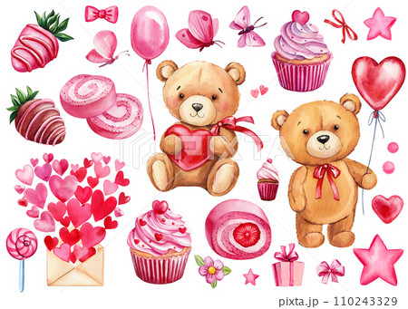 Teddy bear, heart and sweet set. Hand painted watercolor illustration for Valentines day sticker, invitation, and card 110243329