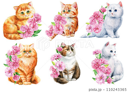 Cute cat set with pink apple flowers, sakura. Watercolor painting illustration, Spring Animal for design, poster, cards 110243365