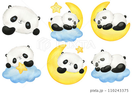 Set Panda, cloud and moon hand drawn watercolor Illustration. Cute little panda isolated white background. funny Animal Set Panda, cloud and moon hand drawn watercolor Illustration. Cute little panda isolated white background. funny Animal 110243375