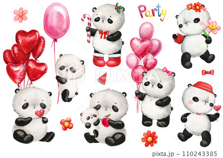 Cute little panda watercolor hand drawn illustrations, Baby animal set on isolated background for poster, card, design 110243385