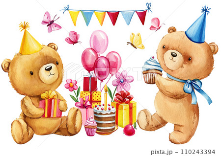 Happy birthday party set with bear, isolated for card, invitation. Watercolor teddy bears, cake, gift and balloon Happy birthday party set with bear, isolated for card, invitation. Watercolor teddy bears, cake, gift and balloon 110243394