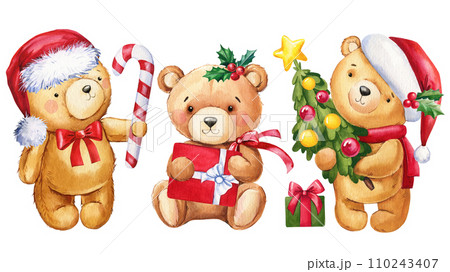 Teddy bear in Santa Claus hat, present and Christmas tree. Watercolor illustration. Design for New Yea and for Christmas 110243407