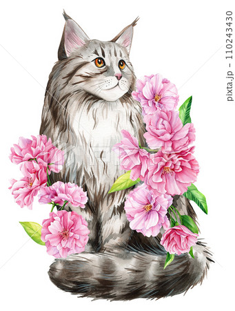 Cute cat with pink apple flowers, sakura. Watercolor painting illustration, Spring Animal for design, poster, cards 110243430