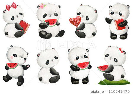 Cute panda with watermelon on isolated background. Watercolor Illustration. Teddy panda bear set for design, clipart Cute panda with watermelon on isolated background. Watercolor Illustration. Teddy panda bear set for design, clipart 110243479