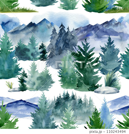 Mountains and spruce forest. Watercolor Seamless pattern with landscape, template for textile, wallpaper, paper Mountains and spruce forest. Watercolor Seamless pattern with landscape, template for textile, wallpaper, paper 110243494
