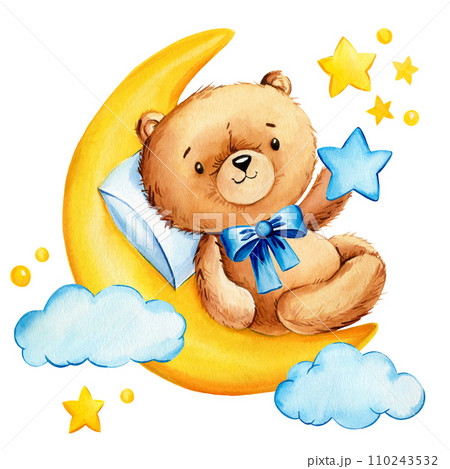 Cute teddy bear with star and moon isolated onのイラスト