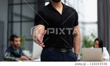 business man offering handshake in office acquisition concept. 110243536