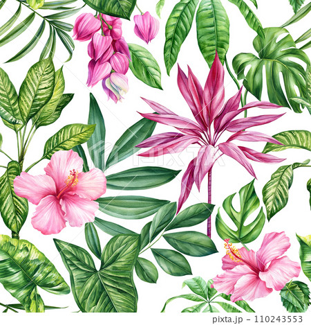 Exotic floral pattern. tropical plant in summer print. Watercolor tropical palm leaves, flowers, jungle seamless pattern 110243553