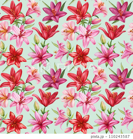 Flowers watercolor illustration, Seamless pattern lilies pink flower on isolated background, Hand drawn Lily flora 110243587