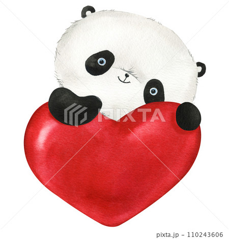 Cute cartoon panda and red heart on isolated background. Watercolor Illustration. Teddy panda bear, valentines day Cute cartoon panda and red heart on isolated background. Watercolor Illustration. Teddy panda bear, valentines day 110243606