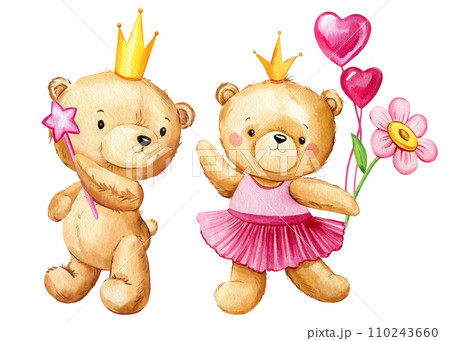 Teddy bear princess on isolated background. Watercolor hand drawn illustration. Cute little bear set, birthday party 110243660