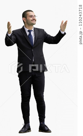 man isolated on a white background shows with his hands a sign of what to expect 110243718