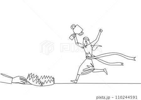 Single one line drawing Arab businessman running with trophy. Dangerous business trap. Trap that really brings down business. Fake friend. Traitor. Rival. Continuous line design graphic illustration Single one line drawing Arab businessman running with trophy. Dangerous business trap. Trap that really brings down business. Fake friend. Traitor. Rival. Continuous line design graphic illustration 110244591