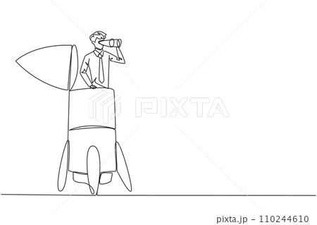 Continuous one line drawing businessman emerges from the rocket looking for something through binoculars. Technical preparation to expand business reach. Single line draw design vector illustration Continuous one line drawing businessman emerges from the rocket looking for something through binoculars. Technical preparation to expand business reach. Single line draw design vector illustration 110244610