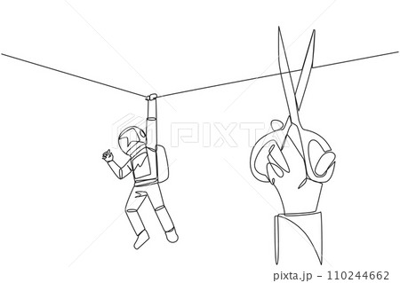 Single one line drawing the astronaut hanging from rope. A big hand that want to cut the rope. Maintaining a nearly useless business. Thwarted by traitors. Continuous line design graphic illustration Single one line drawing the astronaut hanging from rope. A big hand that want to cut the rope. Maintaining a nearly useless business. Thwarted by traitors. Continuous line design graphic illustration 110244662