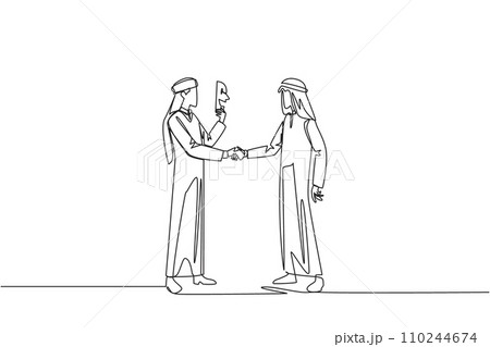 Single continuous line drawing two Arabian businessmen shaking hands. One of them has two faces. Full of falsehood. Fake friend. Worst teamwork. Betrayal. Traitor. One line design vector illustration 110244674