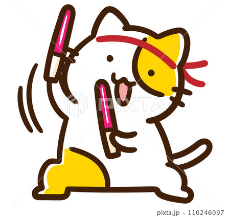 サイリウムを持って全力オタ芸を披露するかわいいねこのキャラクターのデフォルメイラスト 110246097