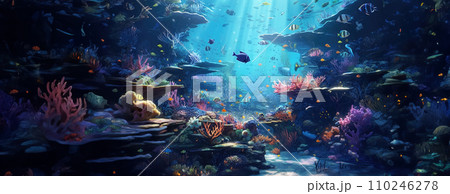 AI-generated content. Tropical sea underwater fishes on coral reef. Aquarium oceanarium wildlife colorful marine panorama landscape nature snorkel diving. AI Generative. 110246278
