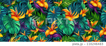 AI-generated content. Tropical exotic pattern with animal and flowers in bright colors and lush vegetation. Ai Generative. 110246483