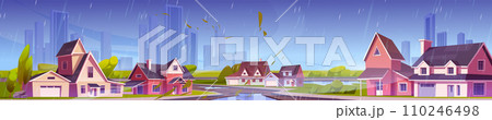 Suburban landscape with countryside house in rain. 110246498