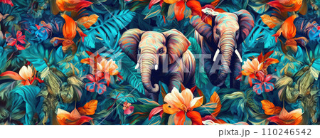 AI-generated content. Tropical exotic pattern with animal and flowers in bright colors and lush vegetation. Ai Generative. 110246542