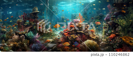 AI-generated content. Tropical sea underwater fishes on coral reef. Aquarium oceanarium wildlife colorful marine panorama landscape nature snorkel diving. AI Generative. 110246862