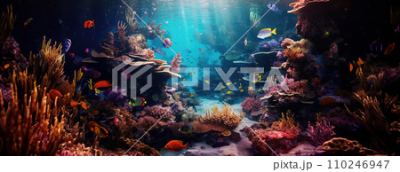 AI-generated content. Tropical sea underwater fishes on coral reef. Aquarium oceanarium wildlife colorful marine panorama landscape nature snorkel diving. AI Generative. 110246947