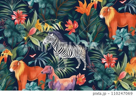 AI-generated content. Tropical exotic pattern with animal and flowers in bright colors and lush vegetation. Ai Generative. 110247069