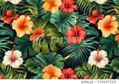 AI-generated content. Tropical exotic pattern with animal and flowers in bright colors and lush vegetation. Ai Generative. 110247126