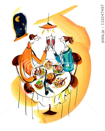夕食 カップル ワイン 乾杯 手描き 室内 夕食 カップル ワイン 乾杯 手描き 室内 110247497