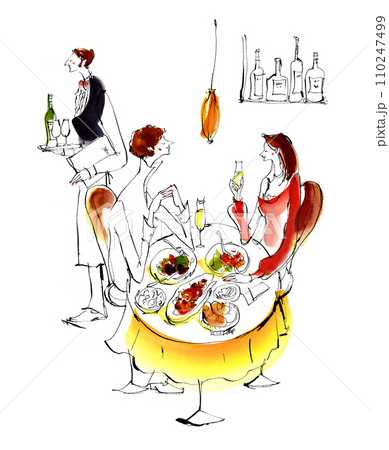 レストラン　カップル　ディナー　デート　手描き　外食　イラスト 110247499