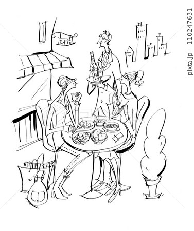 レストラン　女性　楽しい　ランチ　手描きイラスト 110247631