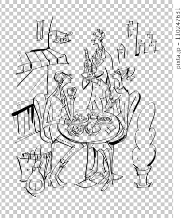 レストラン　女性　楽しい　ランチ　手描きイラスト 110247631