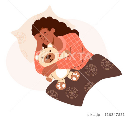 Sleeping black ethnic woman with teddy bear. Time relax. Cute female character in flat style. Vector illustration Sleeping black ethnic woman with teddy bear. Time relax. Cute female character in flat style. Vector illustration 110247821