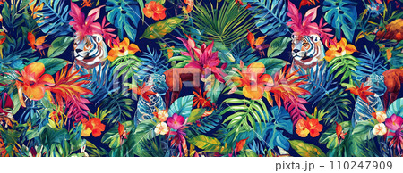 AI-generated content. Tropical exotic pattern with animal and flowers in bright colors and lush vegetation. Ai Generative. 110247909