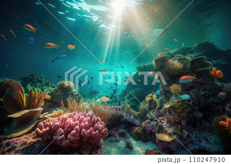 AI-generated content. Tropical sea underwater fishes on coral reef. Aquarium oceanarium wildlife colorful marine panorama landscape nature snorkel diving. AI Generative. 110247910