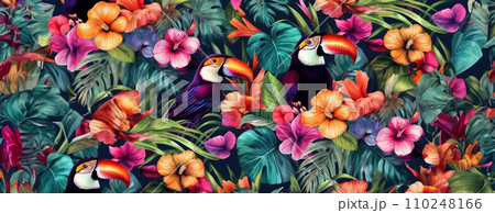 AI-generated content. Tropical exotic pattern with animal and flowers in bright colors and lush vegetation. Ai Generative. 110248166