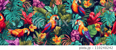 AI-generated content. Tropical exotic pattern with animal and flowers in bright colors and lush vegetation. Ai Generative. 110248242