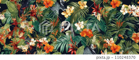 AI-generated content. Tropical exotic pattern with animal and flowers in bright colors and lush vegetation. Ai Generative. 110248370