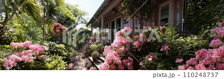 AI-generated content. Backyard oasis with private garden and beautiful landscape. AI Generative. 110248737