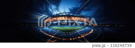 AI-generated content. High Angle Establishing Shot: Stadium with Soccer Championship Match. Teams Play, Crowds of Fans Cheer. Football Cup Tournament. Sport Channel Concept, Screen Content. Wide Shot 110248739