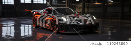 AI-generated content. Futuristic Sports Car On Neon Highway. Powerful acceleration of a supercar on a night track with colorful lights and trails. AI Generative. 110248899