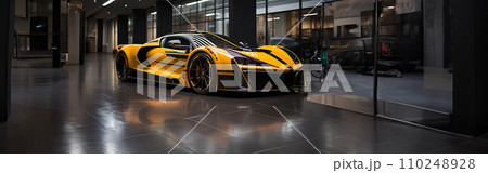 AI-generated content. Futuristic Sports Car On Neon Highway. Powerful acceleration of a supercar on a night track with colorful lights and trails. AI Generative. 110248928