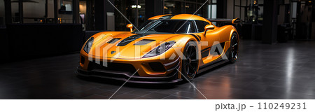 AI-generated content. Futuristic Sports Car On Neon Highway. Powerful acceleration of a supercar on a night track with colorful lights and trails. AI Generative. 110249231