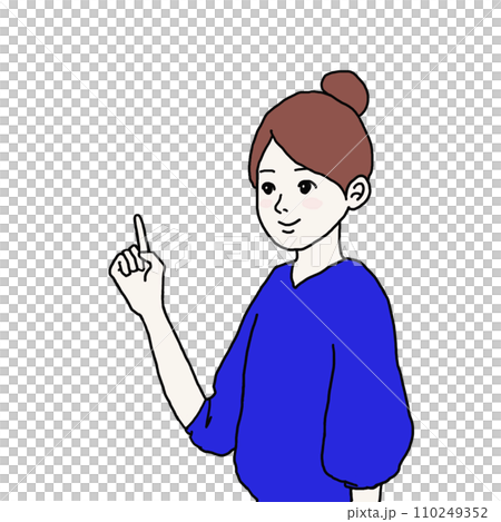 指差しをするお団子ヘアの女性 指差しをするお団子ヘアの女性 110249352
