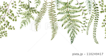 Beautiful seamless horizontal pattern with watercolor hand drawn forest plant leaves and flowers. Popular stock design. Textile print. Beautiful seamless horizontal pattern with watercolor hand drawn forest plant leaves and flowers. Popular stock design. Textile print. 110249417