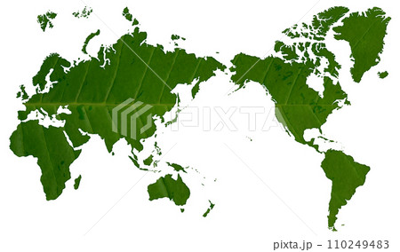 大きな緑の葉っぱで描いた、葉脈が美しい世界地図 110249483