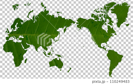 大きな緑の葉っぱで描いた、葉脈が美しい世界地図 110249483